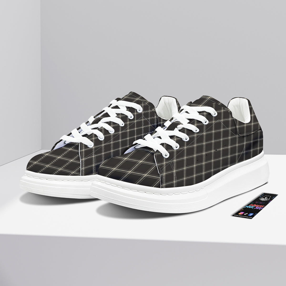 Brown Dark Check Print Pattern Platform Shoes-grizzshop