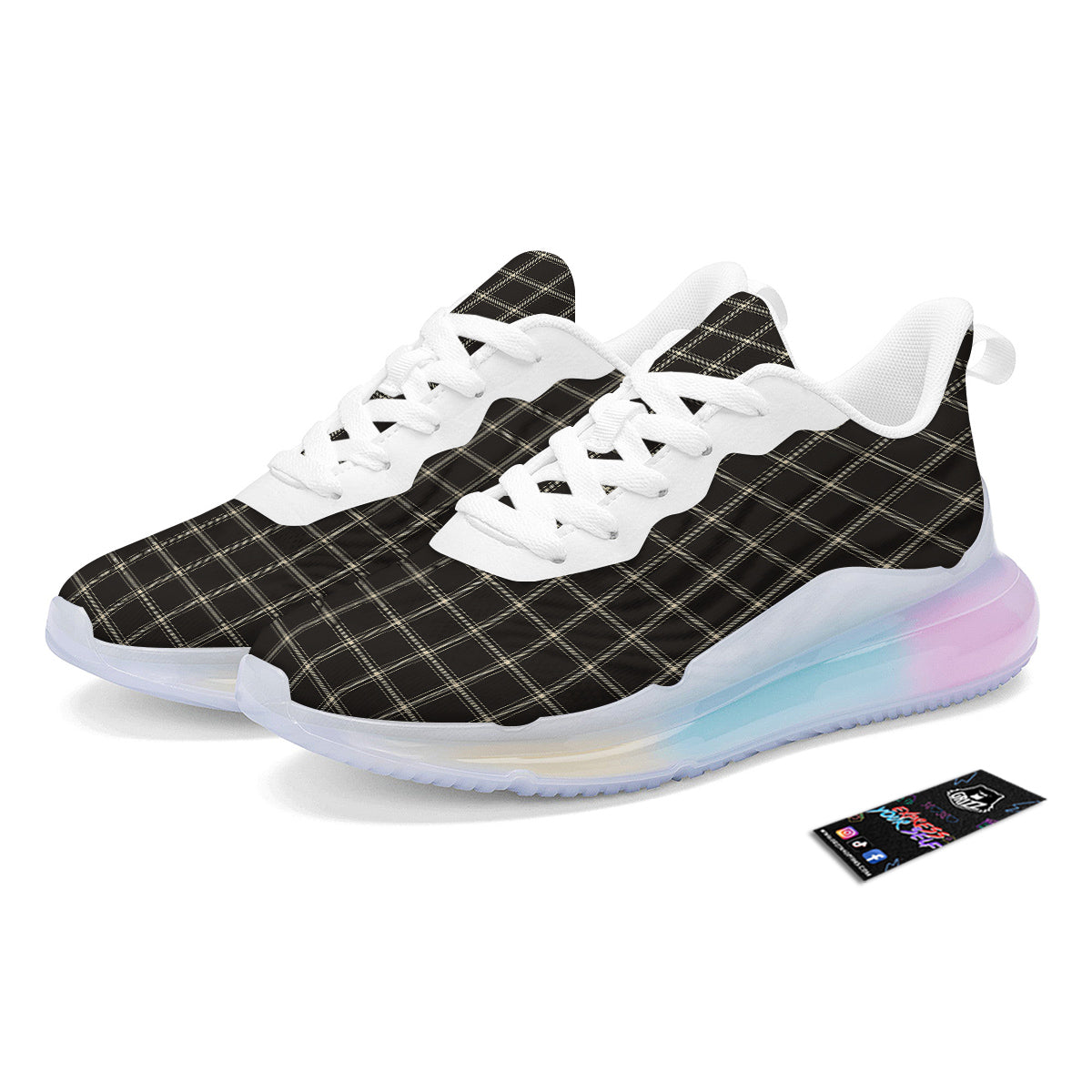 Brown Dark Check Print Pattern Running Sneakers-grizzshop