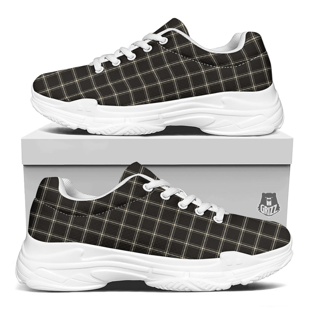Brown Dark Check Print Pattern White Chunky Shoes-grizzshop