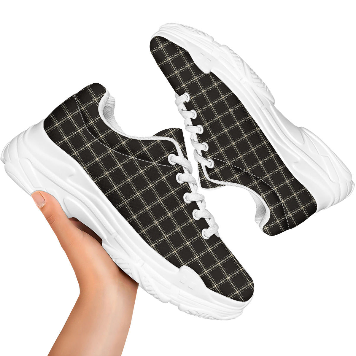 Brown Dark Check Print Pattern White Chunky Shoes-grizzshop