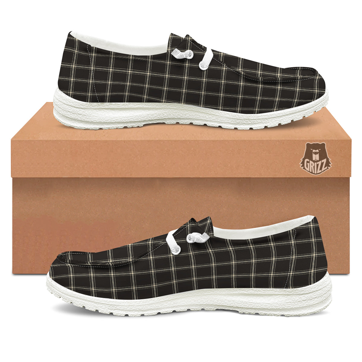 Brown Dark Check Print Pattern White Loafers-grizzshop