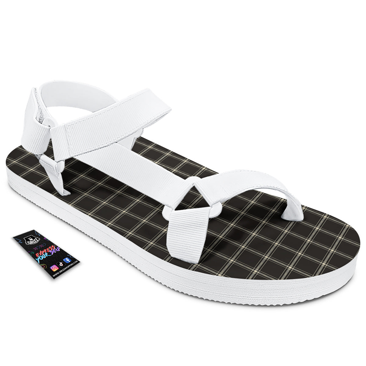 Brown Dark Check Print Pattern White Open Toe Sandals-grizzshop