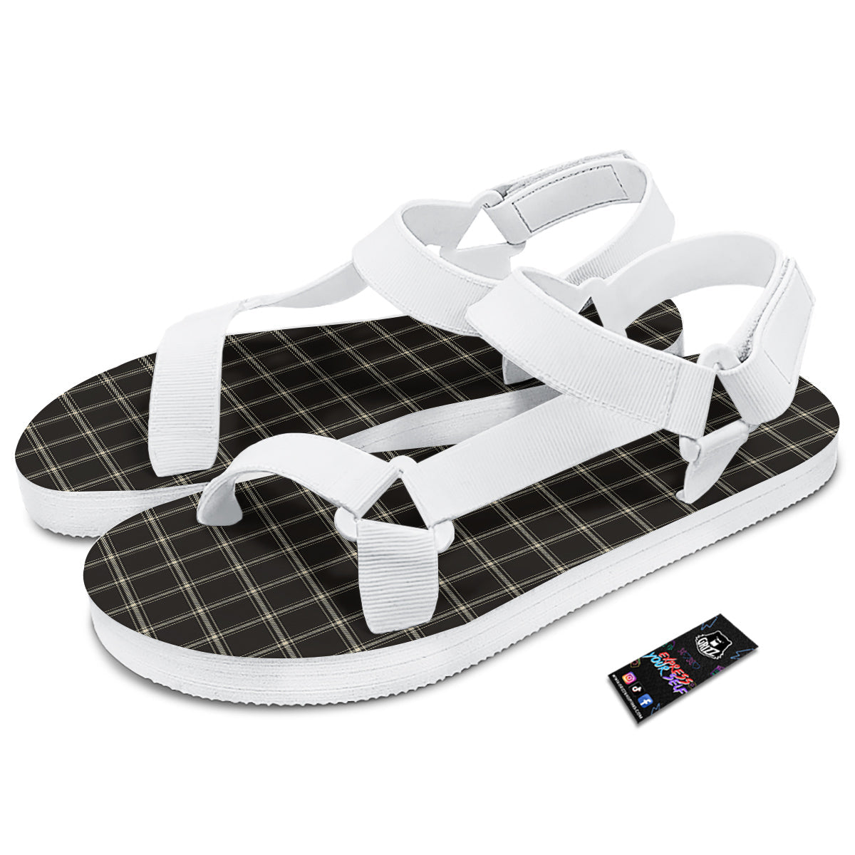 Brown Dark Check Print Pattern White Open Toe Sandals-grizzshop