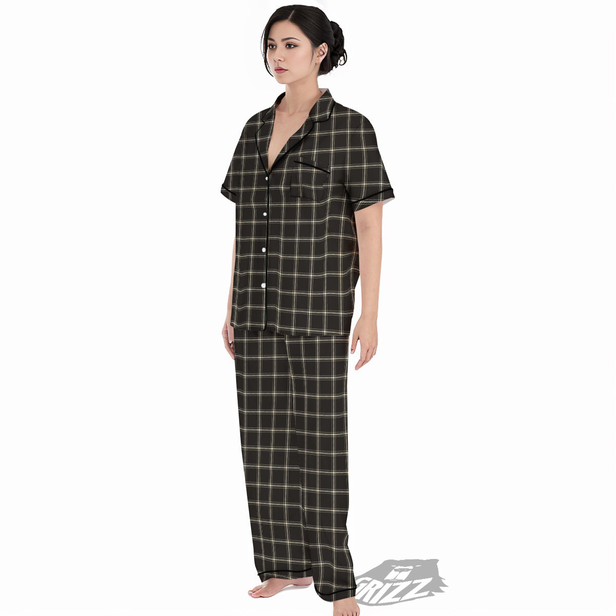 Brown Dark Check Print Pattern Women's Pajamas Set-grizzshop