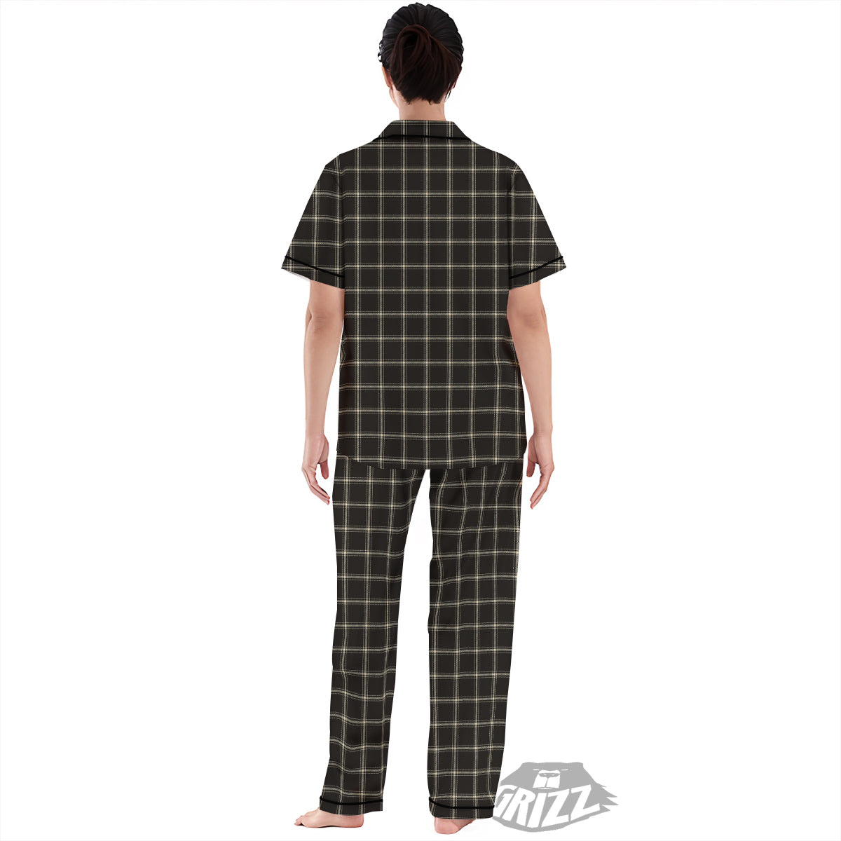 Brown Dark Check Print Pattern Women's Pajamas Set-grizzshop