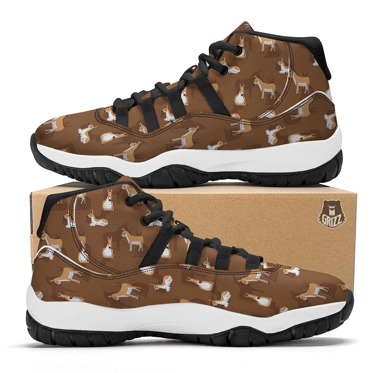 Brown Donkey Pattern Print Black Bball Shoes-grizzshop