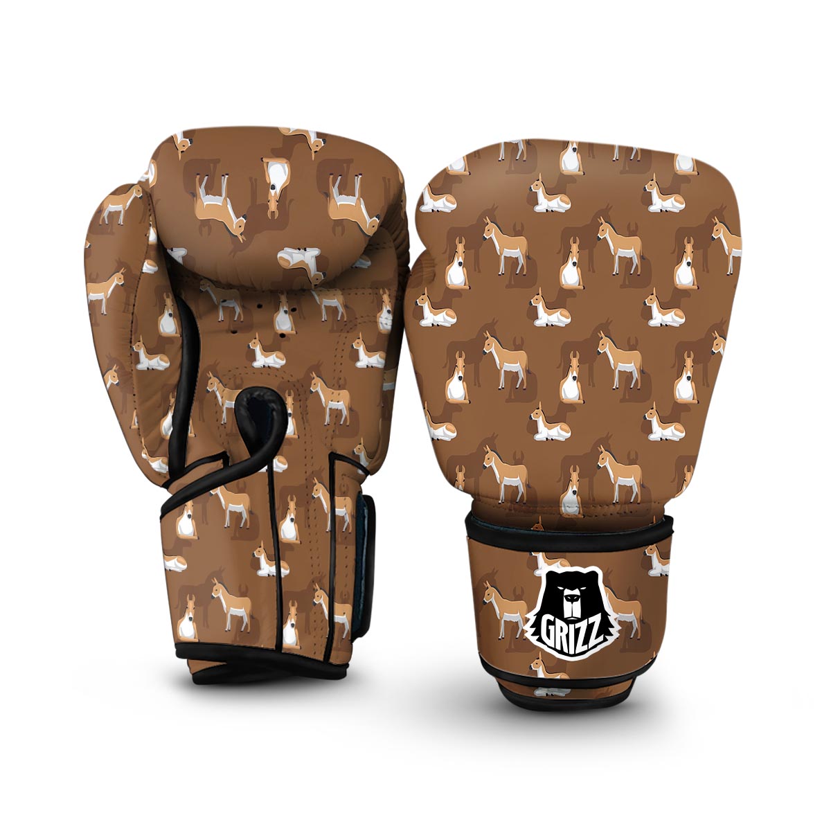 Brown Donkey Pattern Print Boxing Gloves-grizzshop