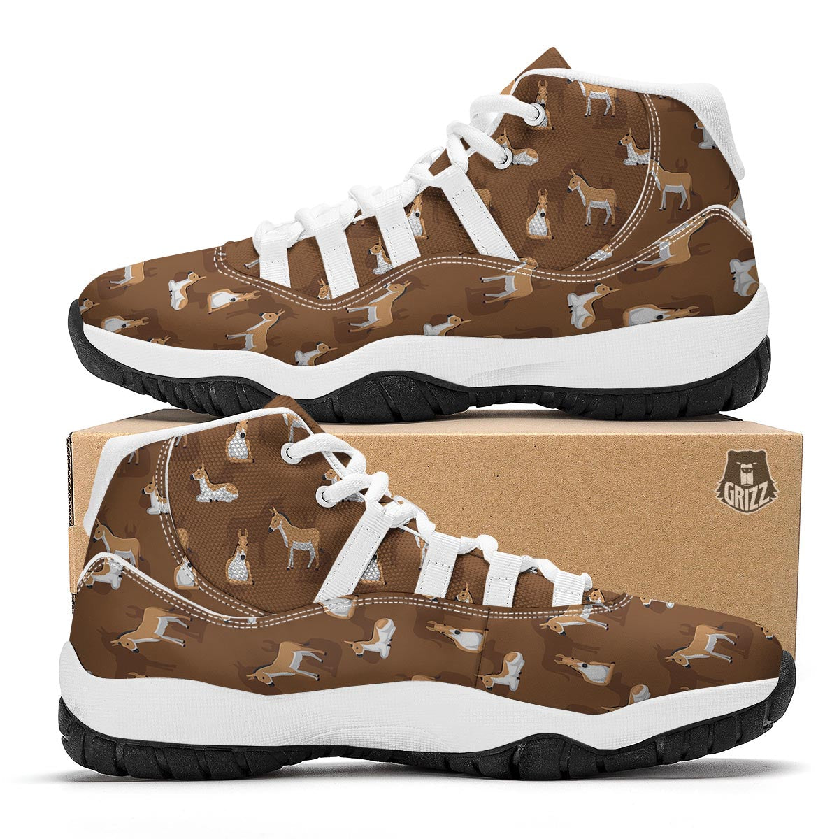 Brown Donkey Pattern Print White Bball Shoes-grizzshop