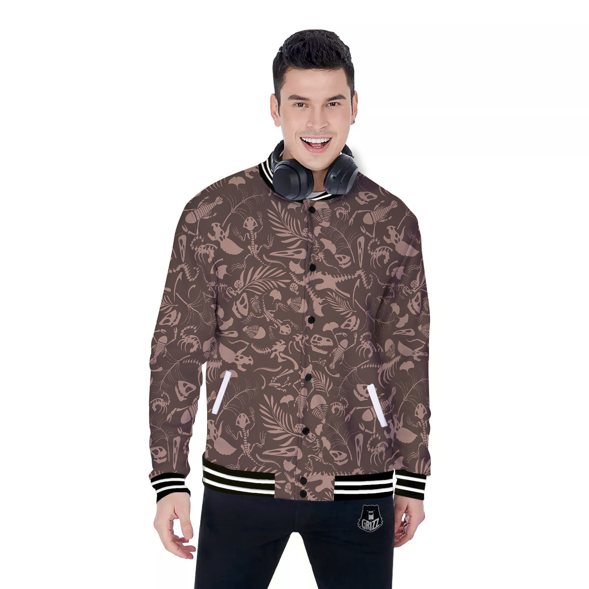 Brown Fossil Print Pattern Baseball Jacket-grizzshop