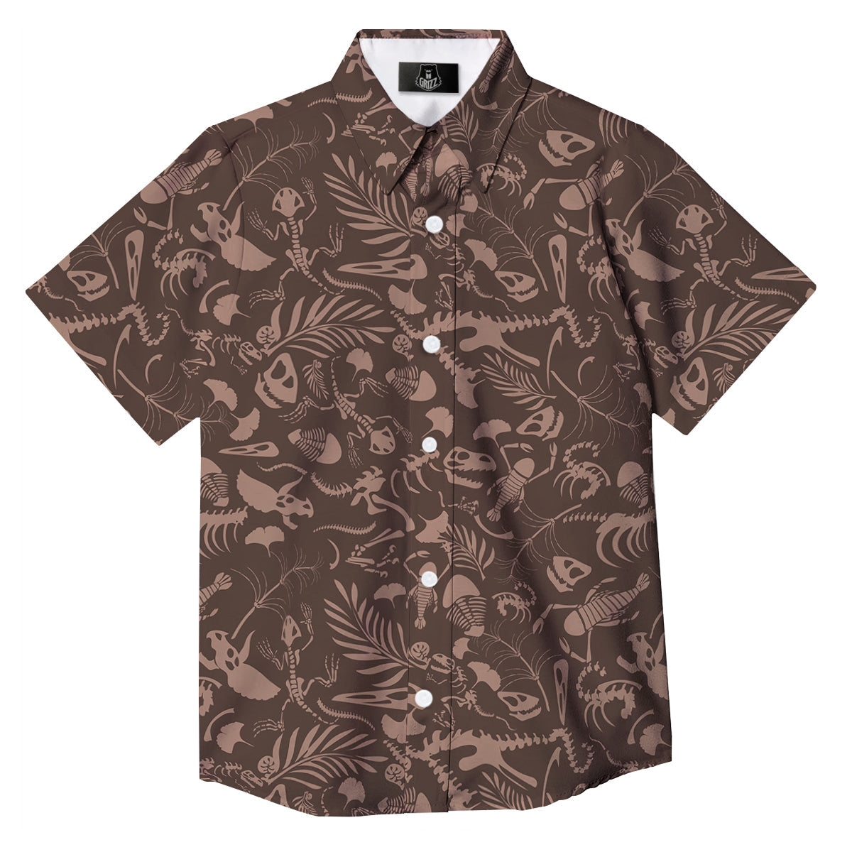 Brown Fossil Print Pattern Button Up Shirt-grizzshop