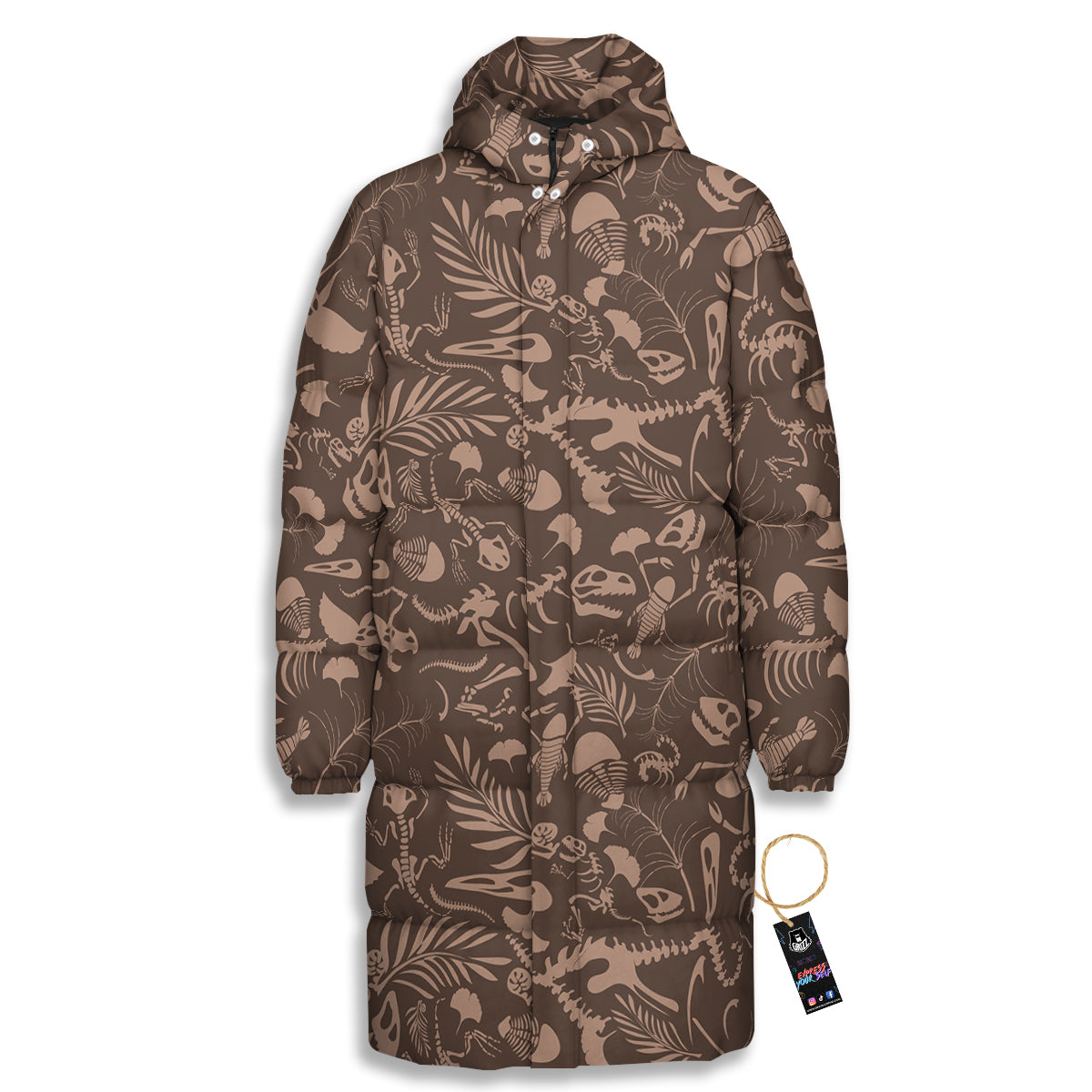 Brown Fossil Print Pattern Long Down Jacket-grizzshop