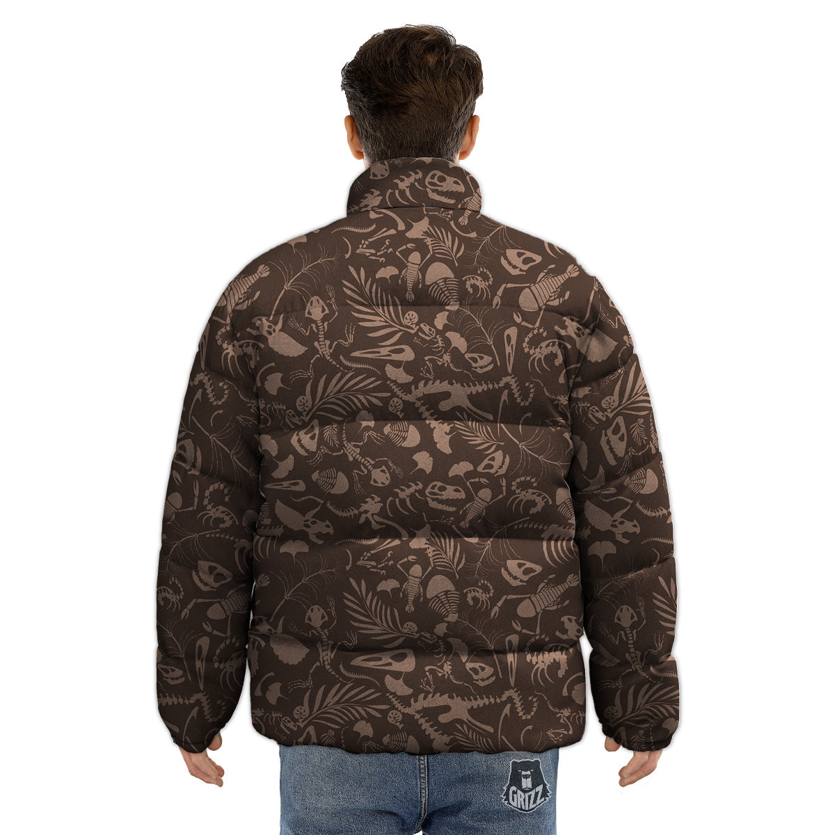 Brown Fossil Print Pattern Puffer Jacket-grizzshop
