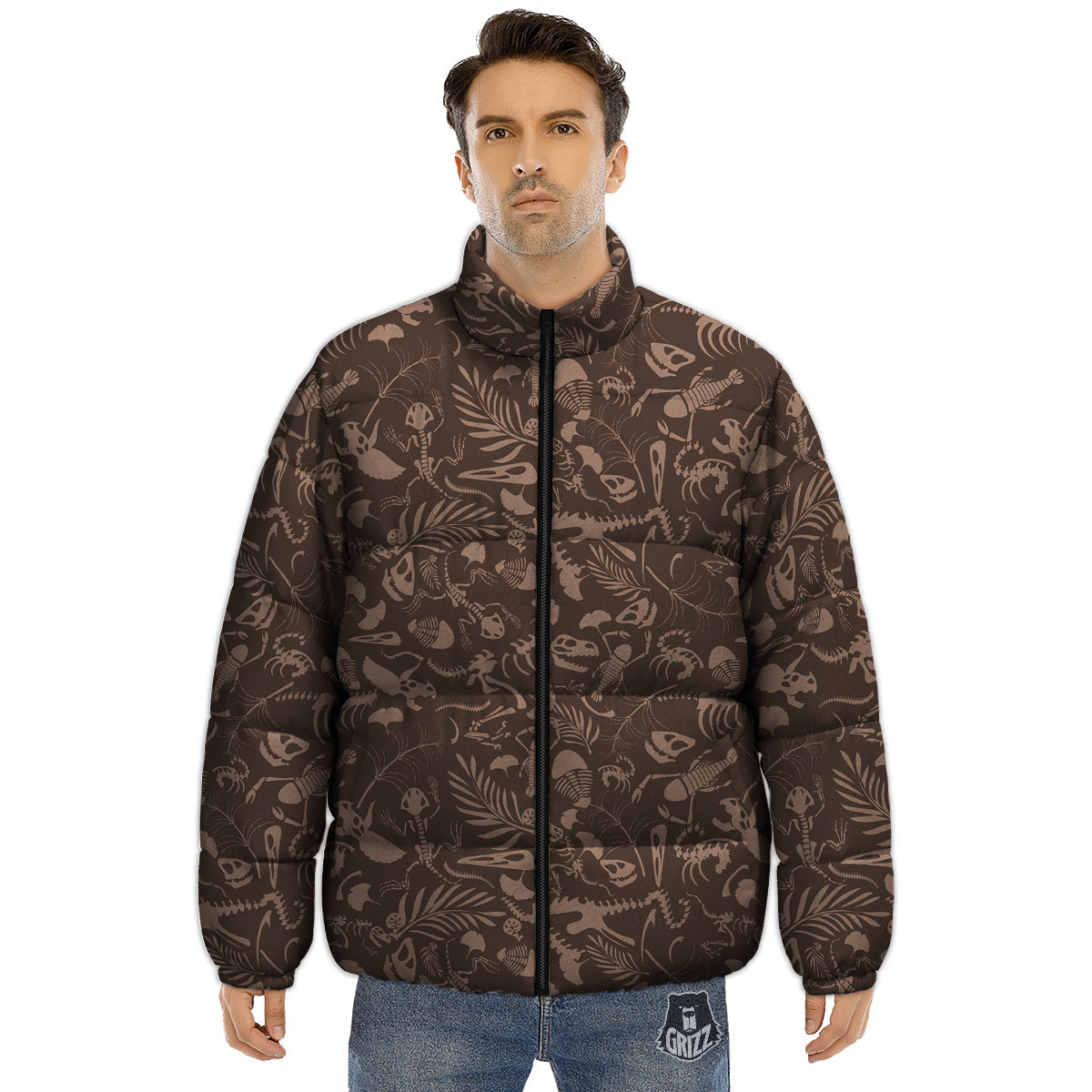 Brown Fossil Print Pattern Puffer Jacket-grizzshop