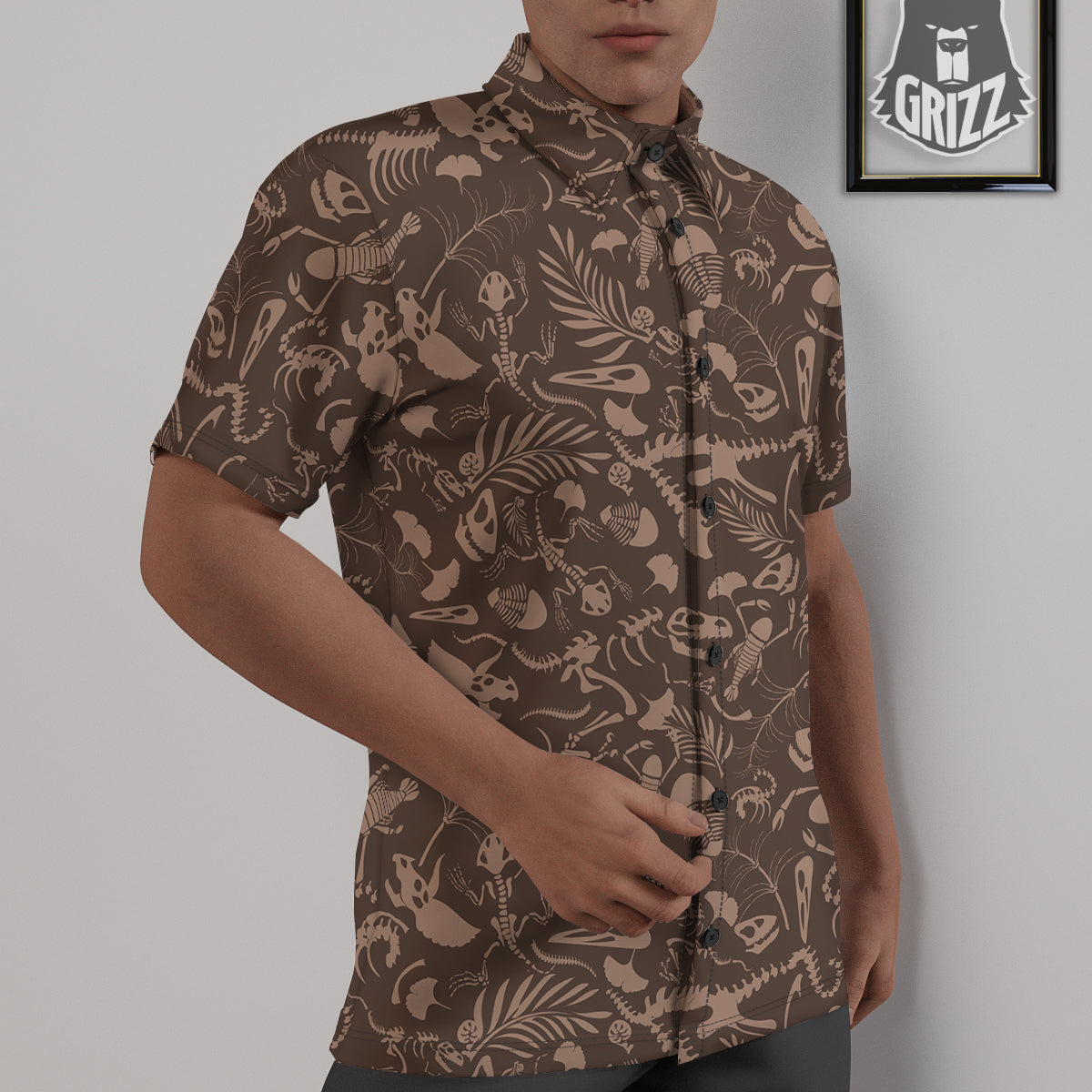 Brown Fossil Print Pattern Untucked Shirts-grizzshop