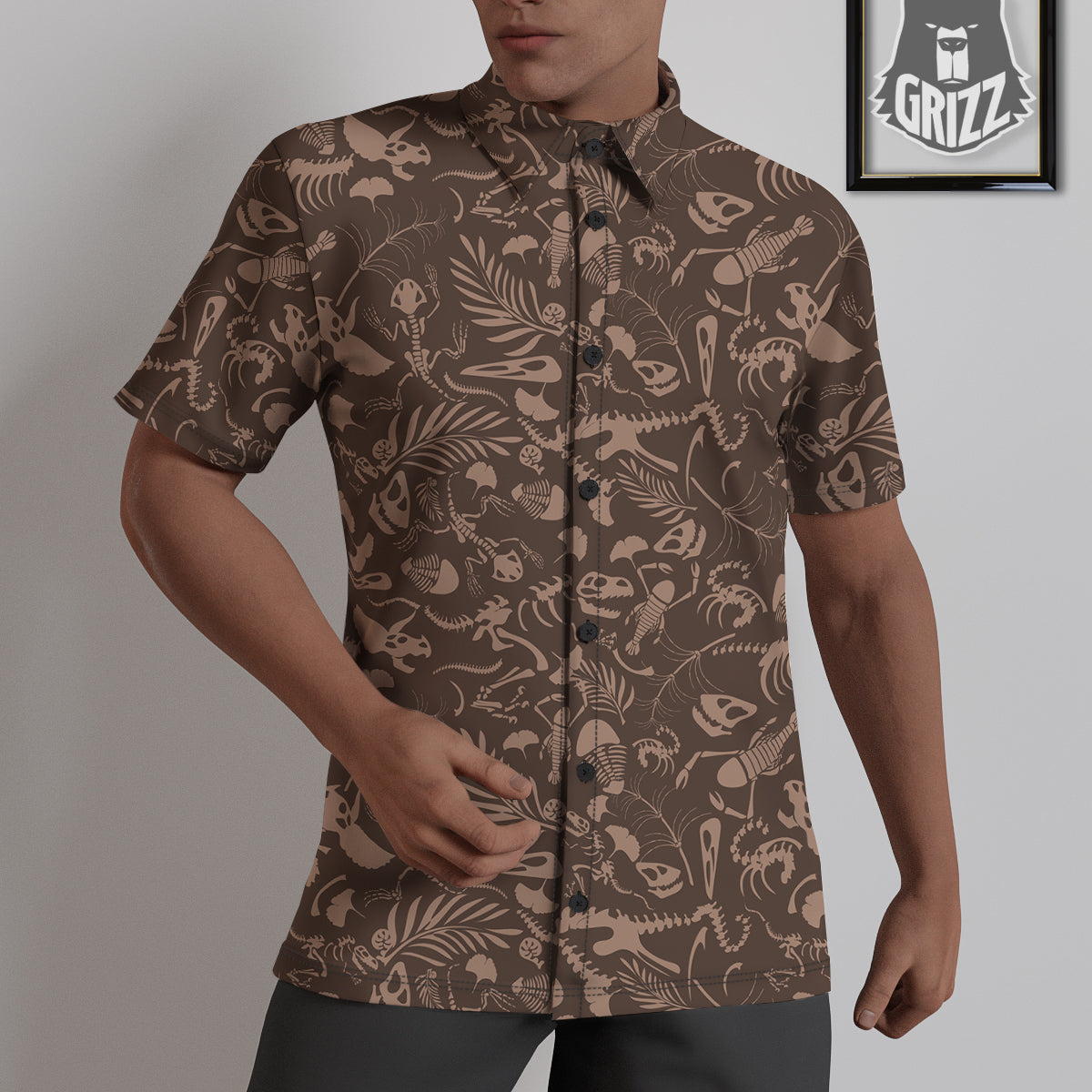 Brown Fossil Print Pattern Untucked Shirts-grizzshop