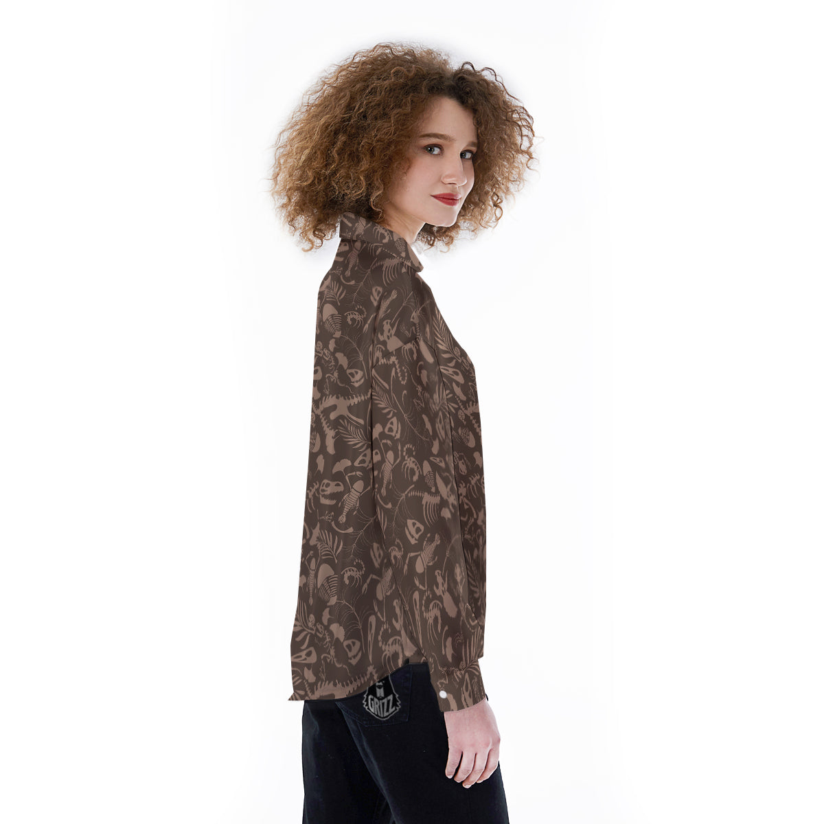 Brown Fossil Print Pattern Women's Long Sleeve Shirts-grizzshop
