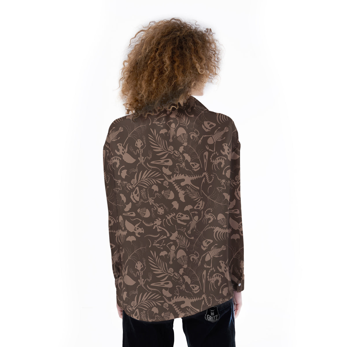 Brown Fossil Print Pattern Women's Long Sleeve Shirts-grizzshop