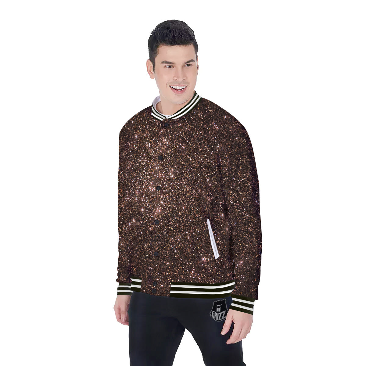 Brown Glitter Print Baseball Jacket-grizzshop