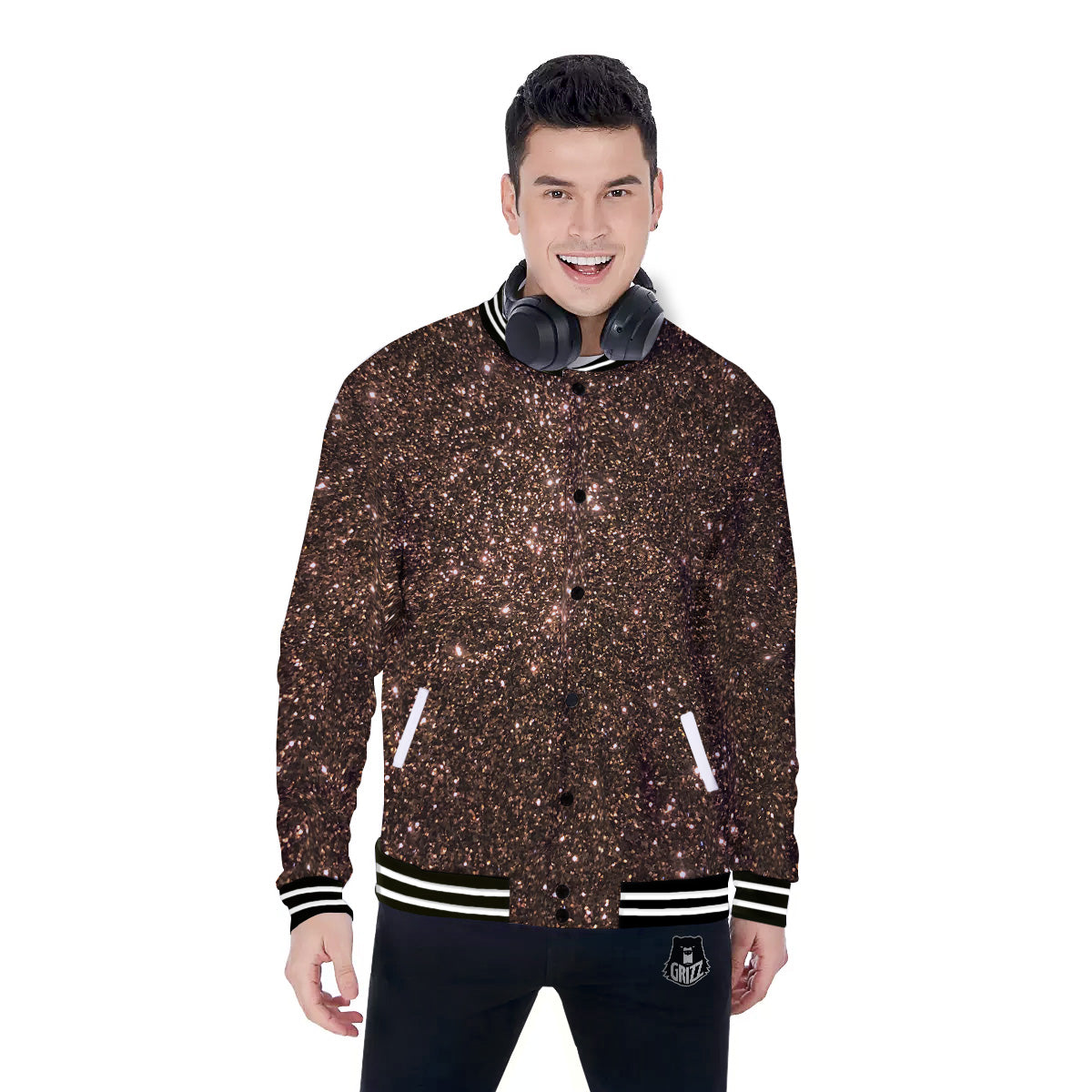 Brown Glitter Print Baseball Jacket-grizzshop