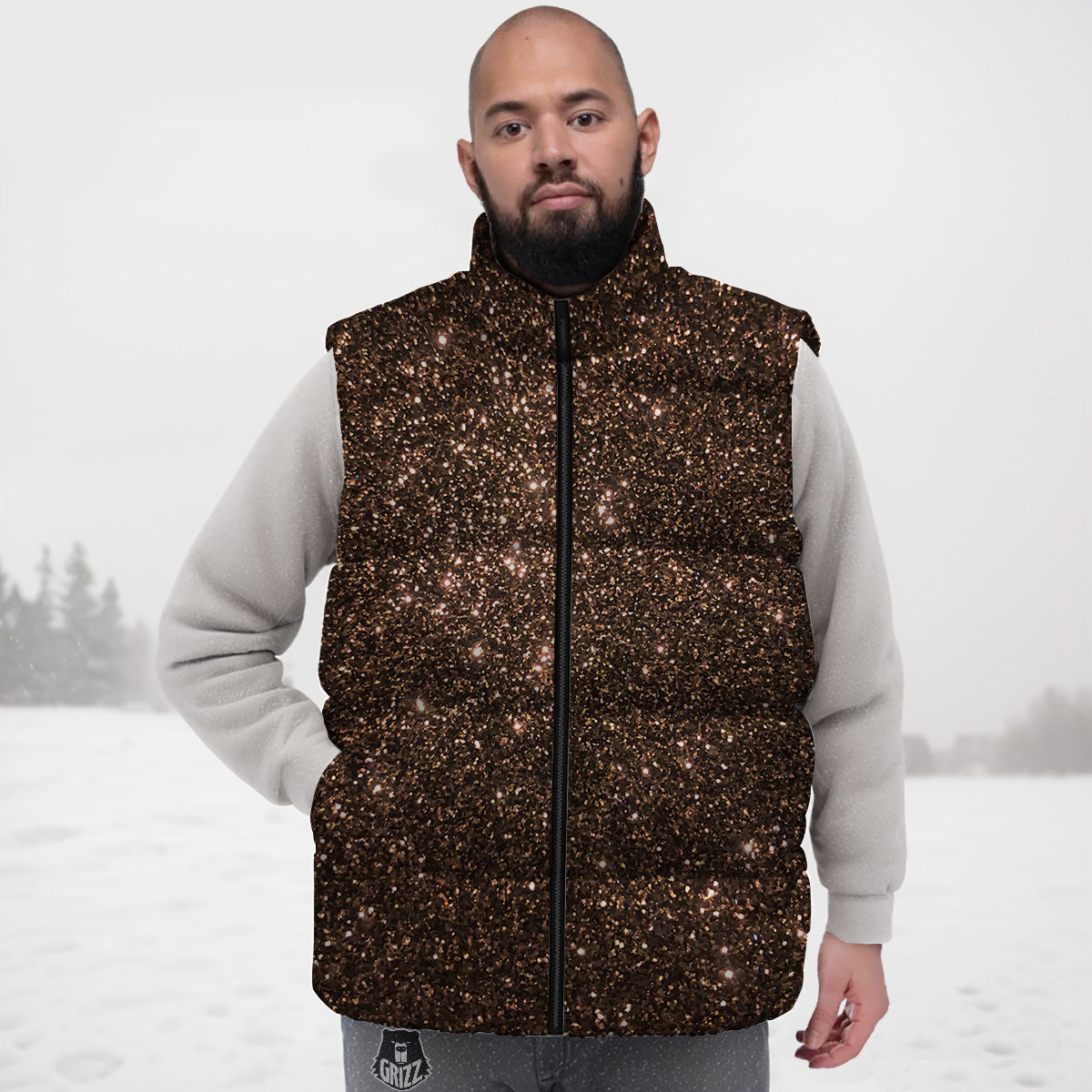 Brown Glitter Print Down Vest