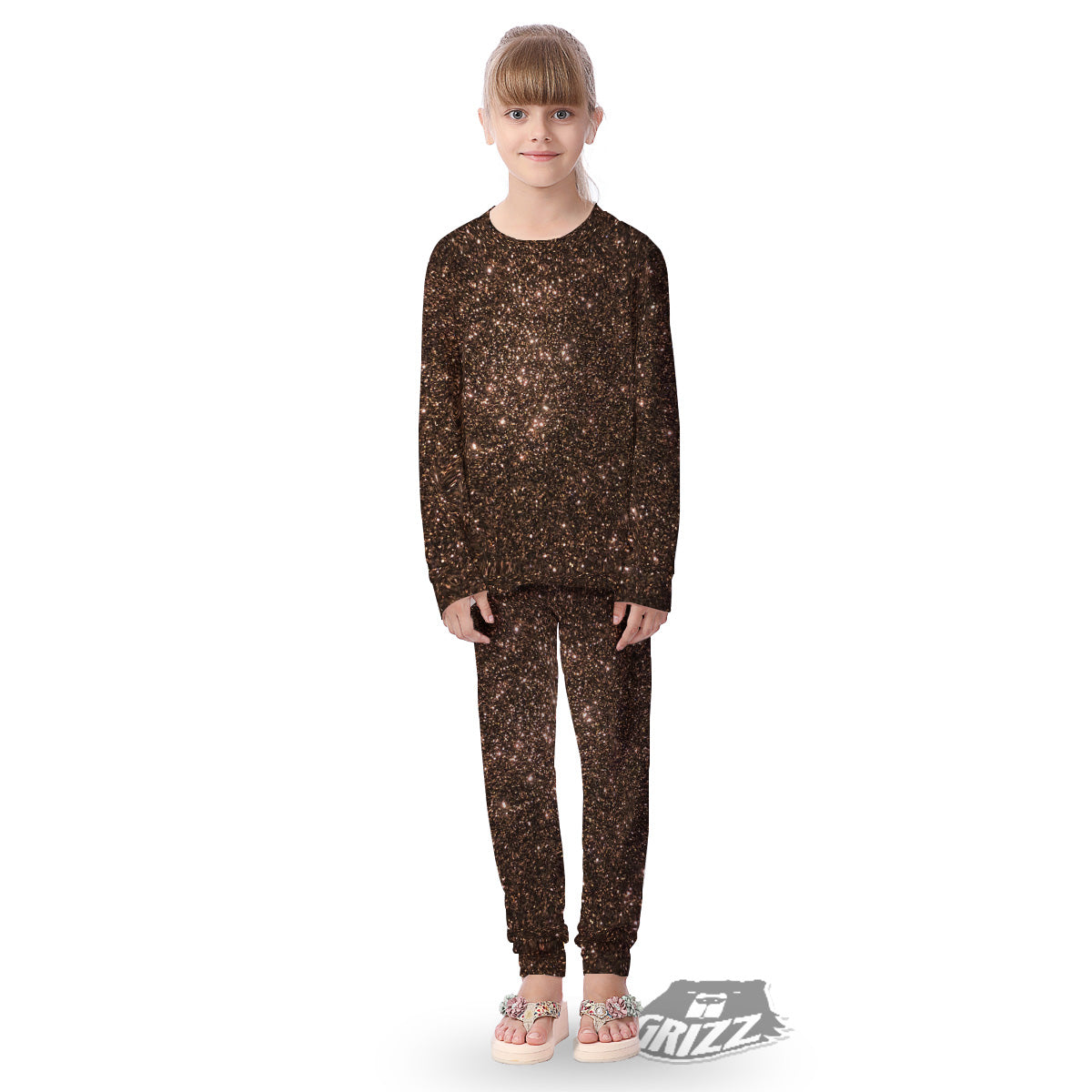 Brown Glitter Print Kid's Pajamas-grizzshop