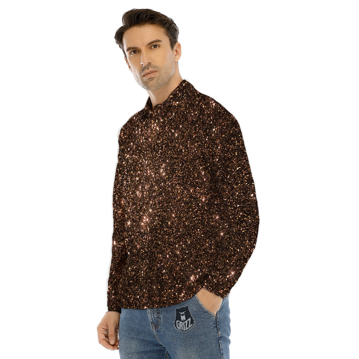Brown Glitter Print Men's Dress Shirts-grizzshop