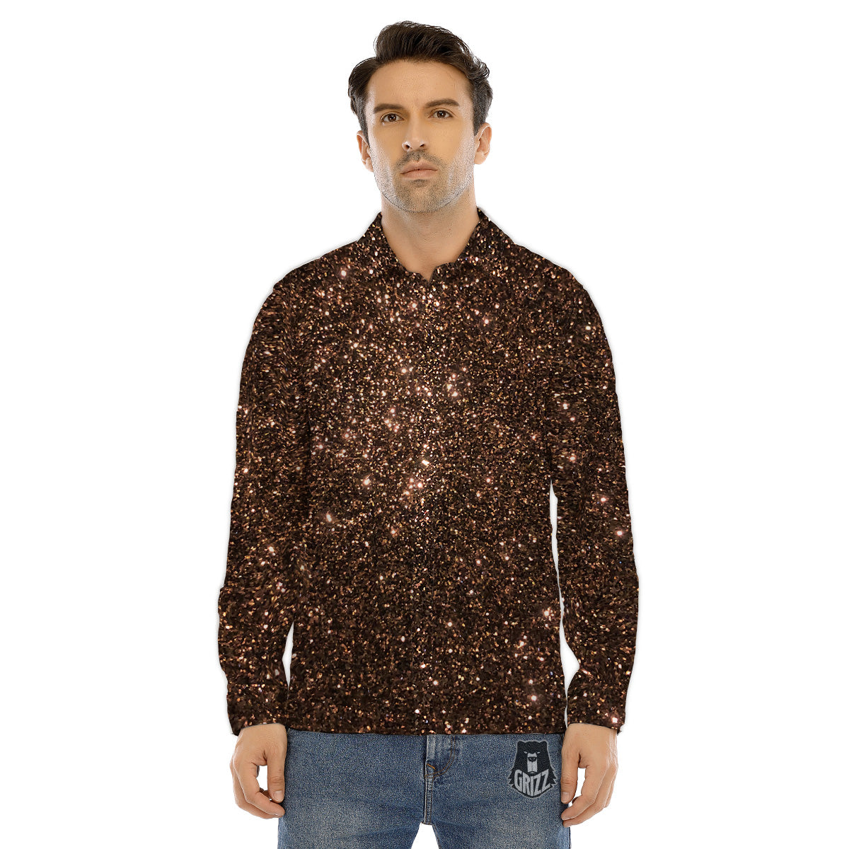 Brown Glitter Print Men's Dress Shirts-grizzshop