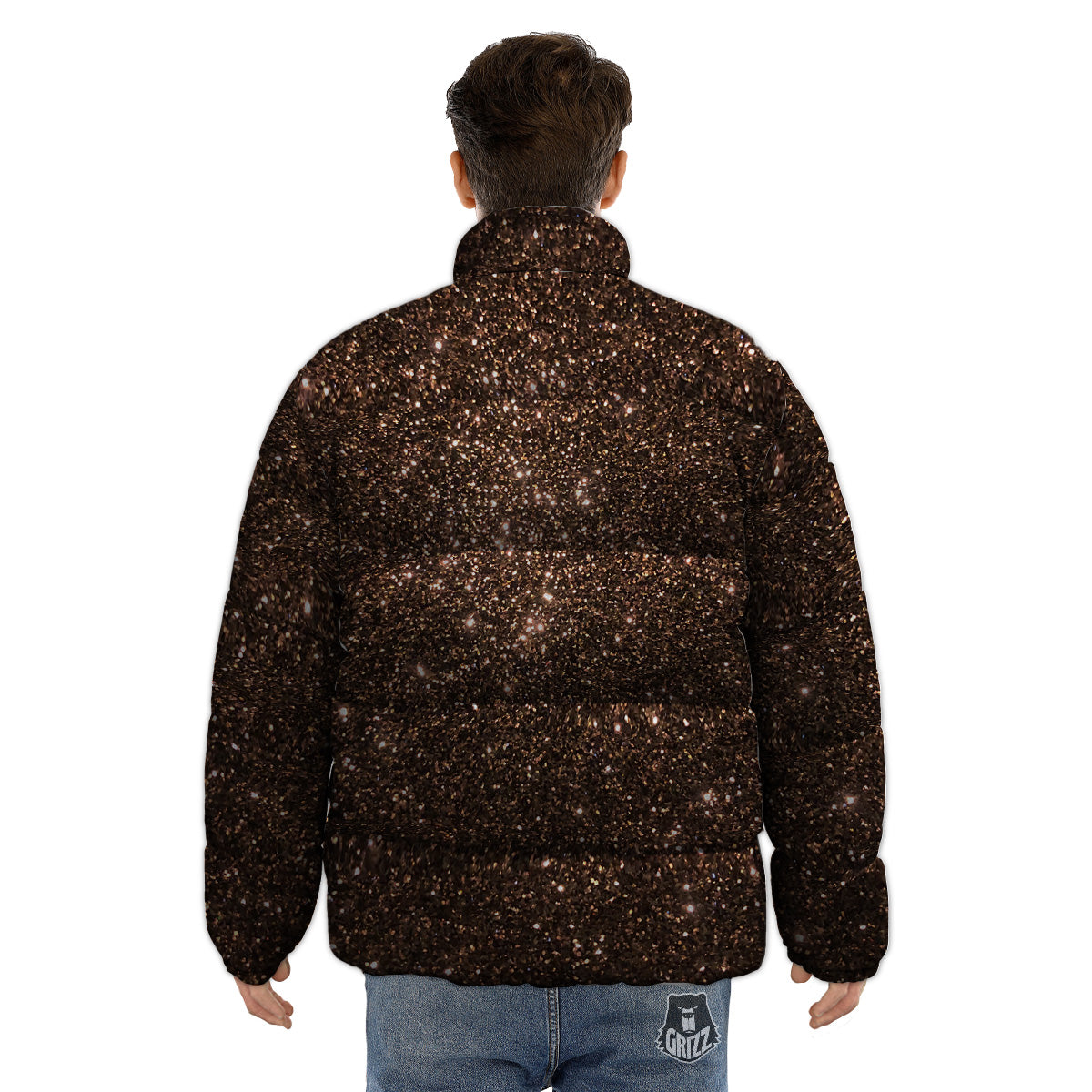 Brown Glitter Print Puffer Jacket-grizzshop