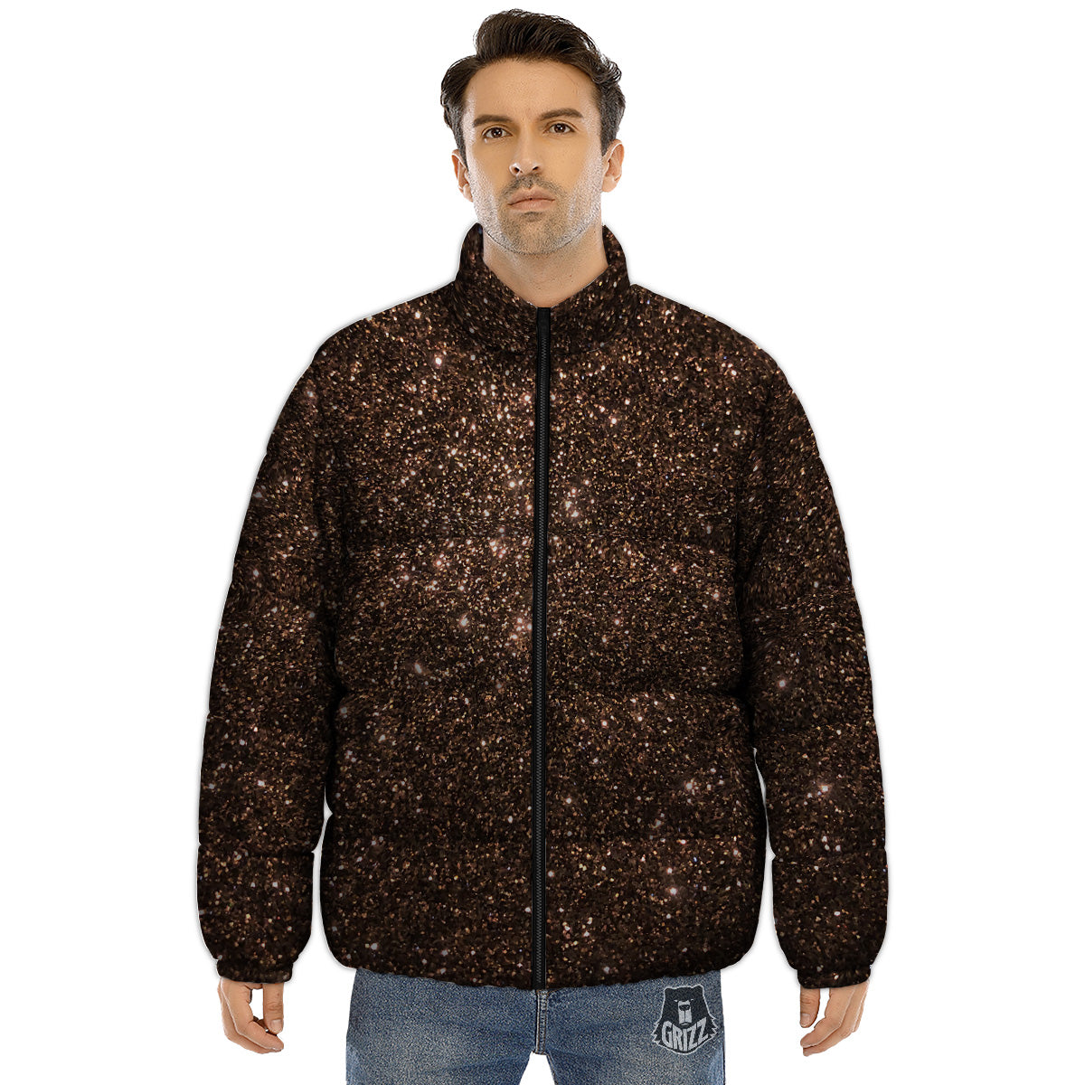 Brown Glitter Print Puffer Jacket-grizzshop