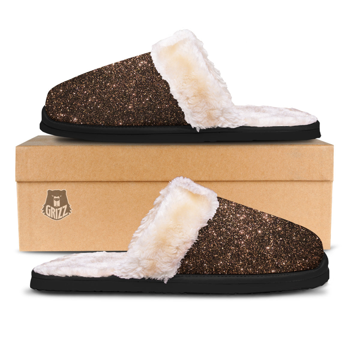 Brown Glitter Print Slippers-grizzshop