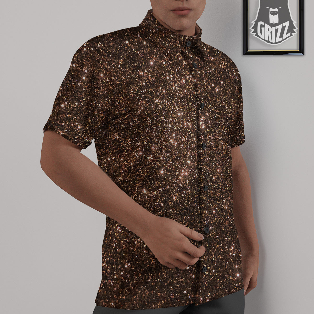 Brown Glitter Print Untucked Shirts-grizzshop