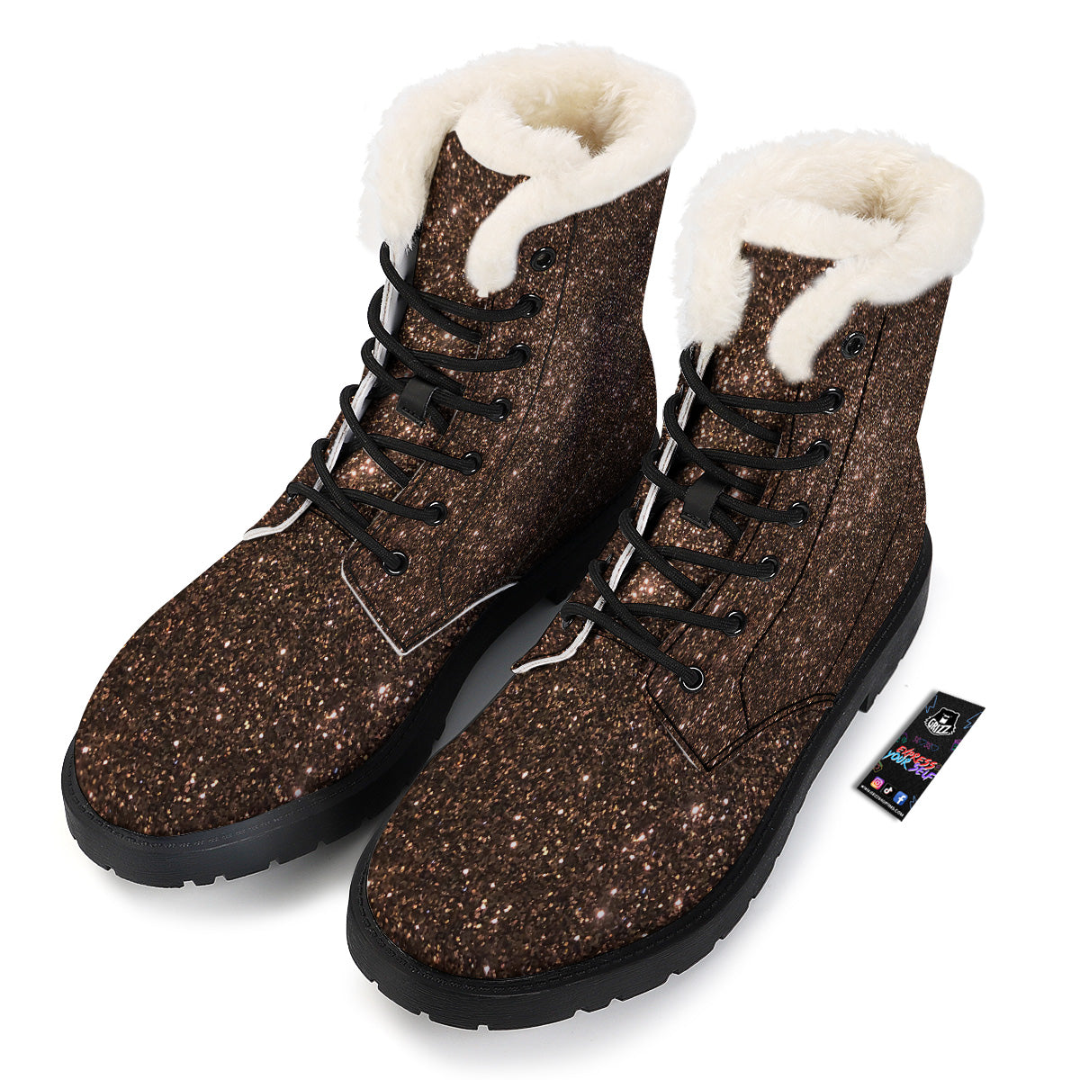 Brown Glitter Print Winter Boots-grizzshop