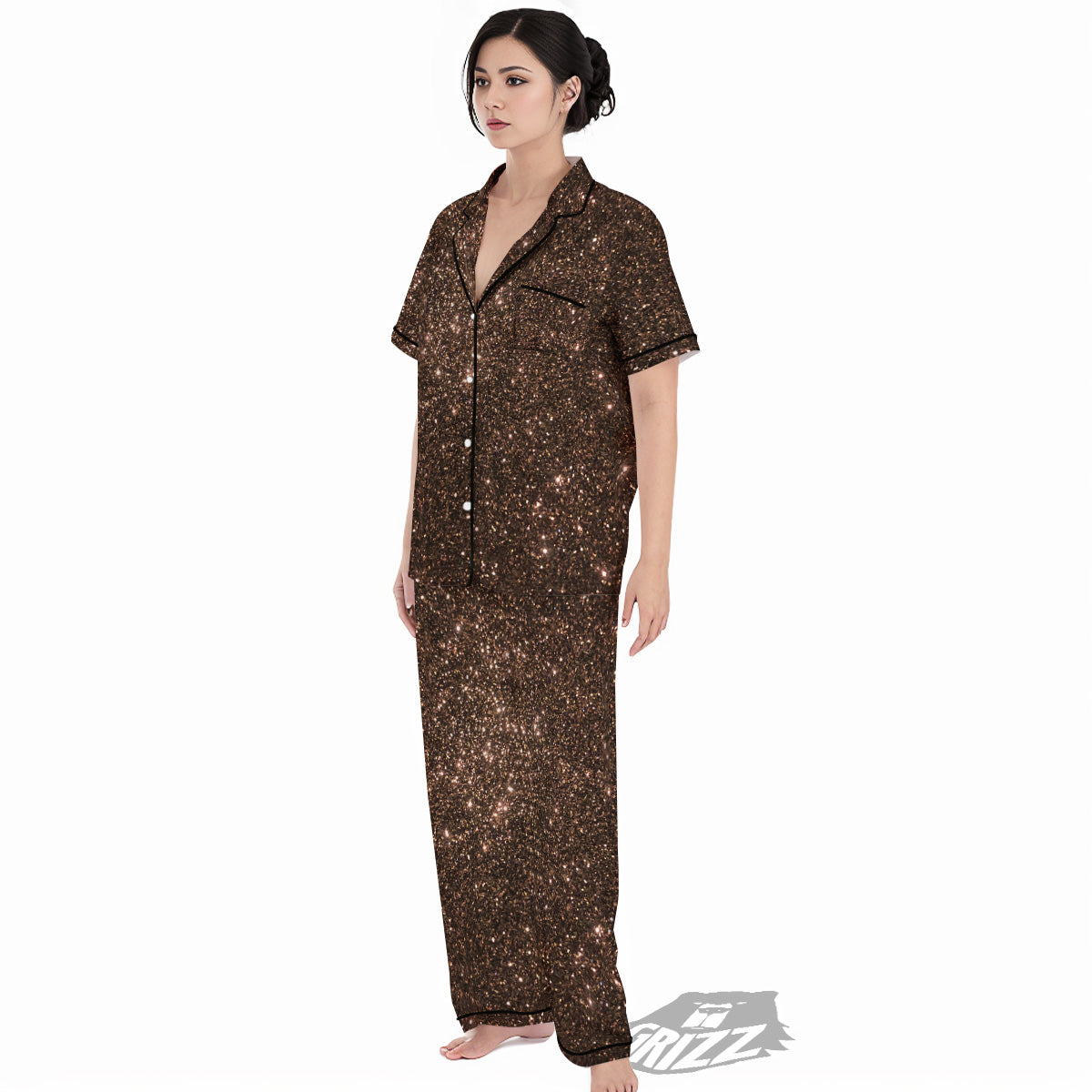 Brown Glitter Print Women's Pajamas Set-grizzshop