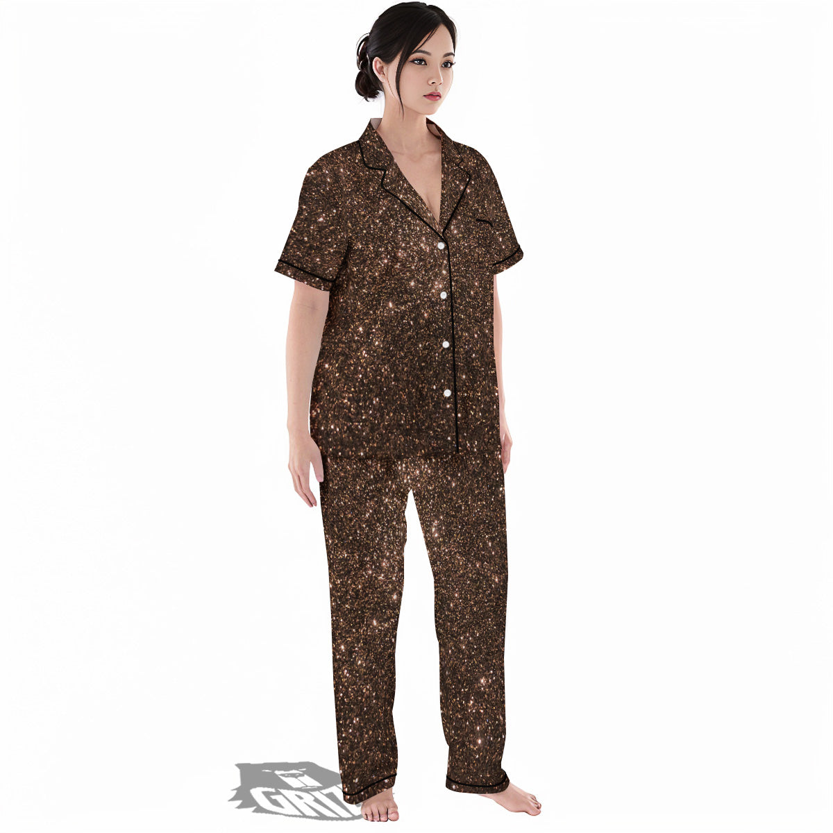 Brown Glitter Print Women's Pajamas Set-grizzshop