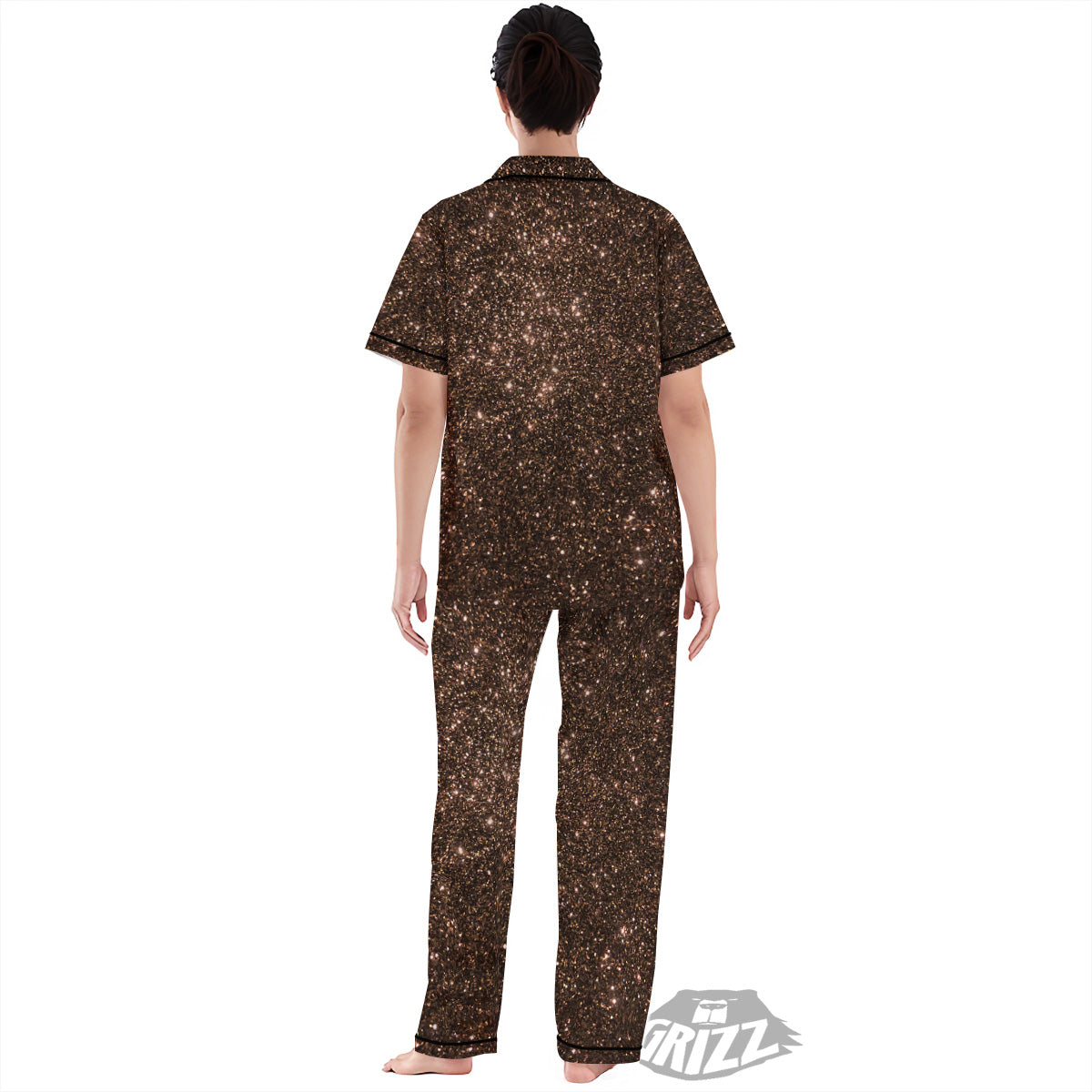 Brown Glitter Print Women's Pajamas Set-grizzshop
