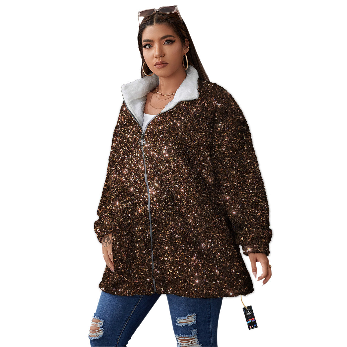 Brown Glitter Print Women's Sherpa Jacket-grizzshop
