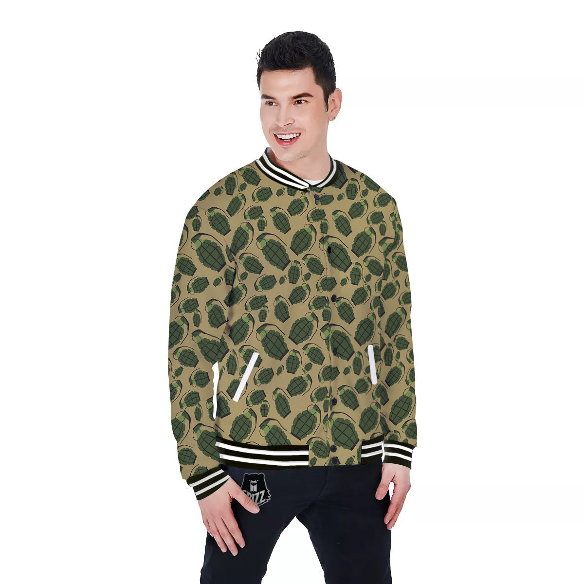 Brown Grenade Print Pattern Baseball Jacket-grizzshop