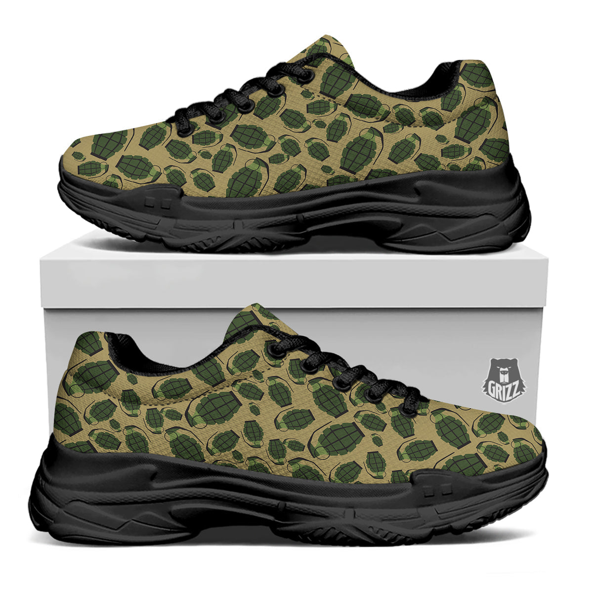 Brown Grenade Print Pattern Black Chunky Shoes-grizzshop