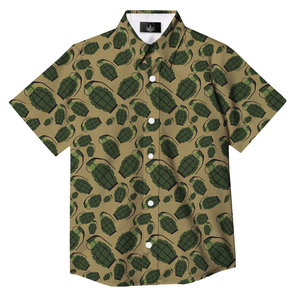 Brown Grenade Print Pattern Button Up Shirt-grizzshop