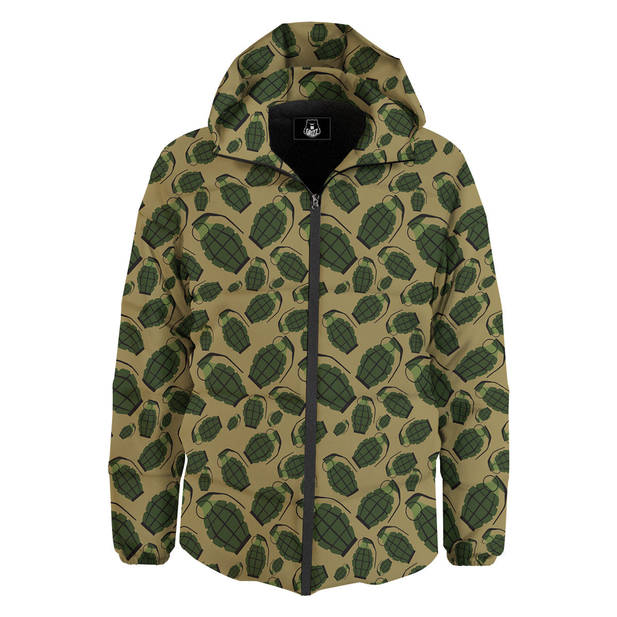 Brown Grenade Print Pattern Down Jacket-grizzshop