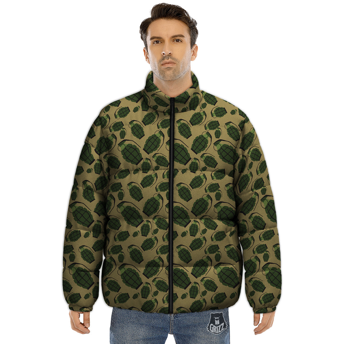 Brown Grenade Print Pattern Puffer Jacket-grizzshop