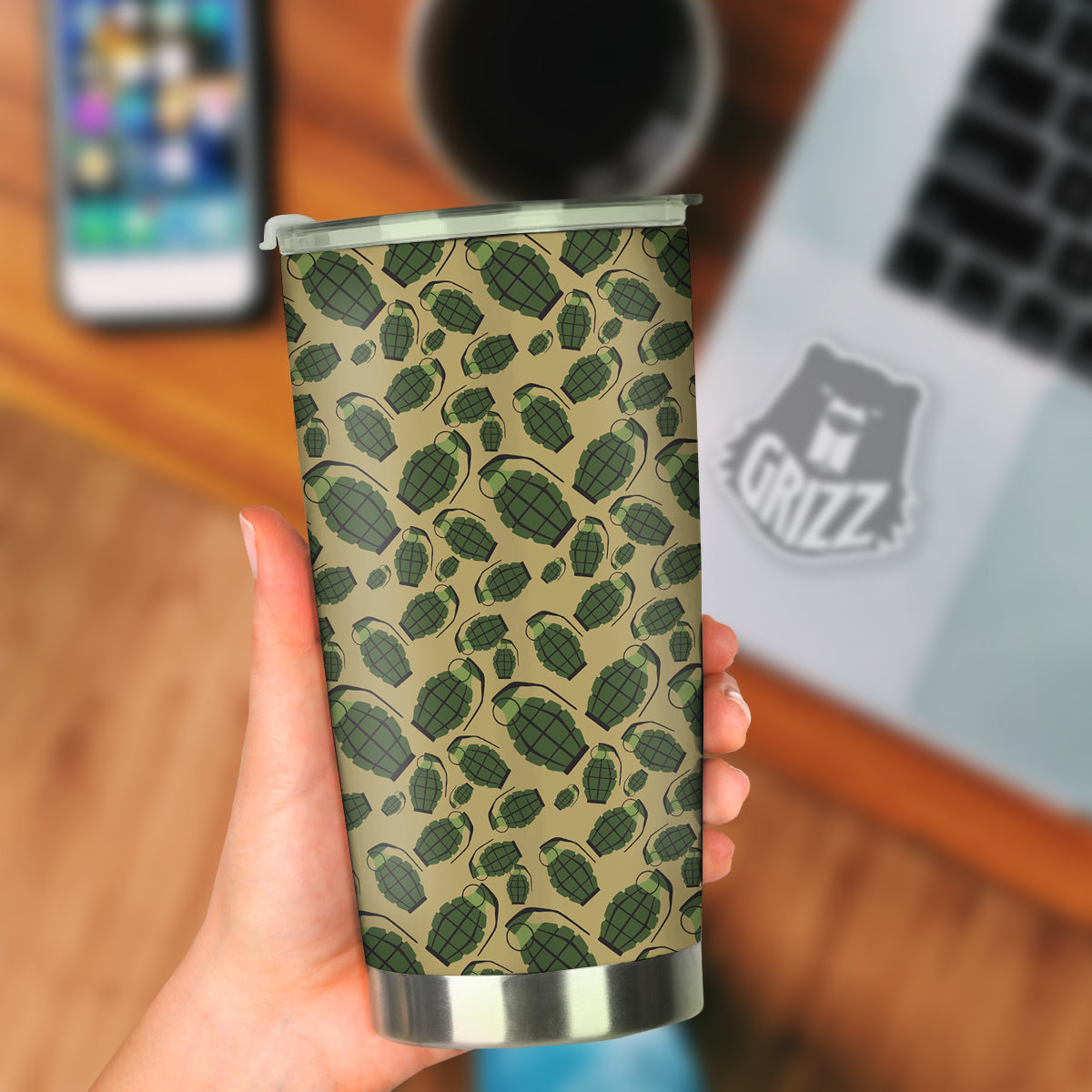 Brown Grenade Print Pattern Tumbler-grizzshop