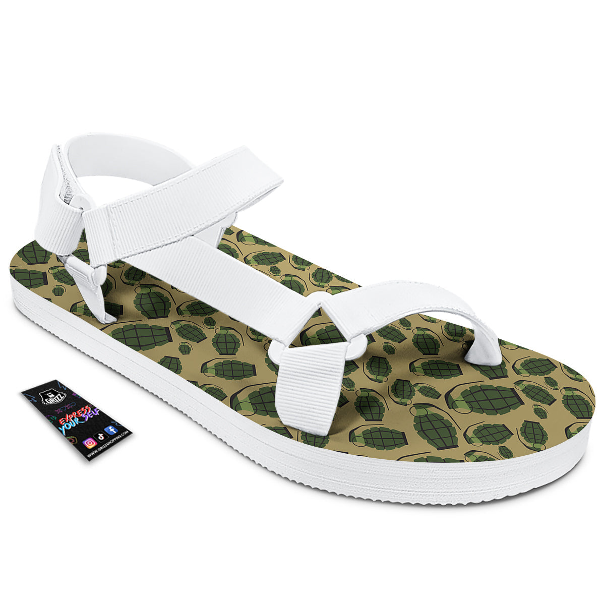 Brown Grenade Print Pattern White Open Toe Sandals-grizzshop