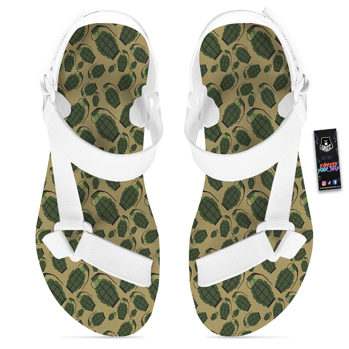 Brown Grenade Print Pattern White Open Toe Sandals-grizzshop