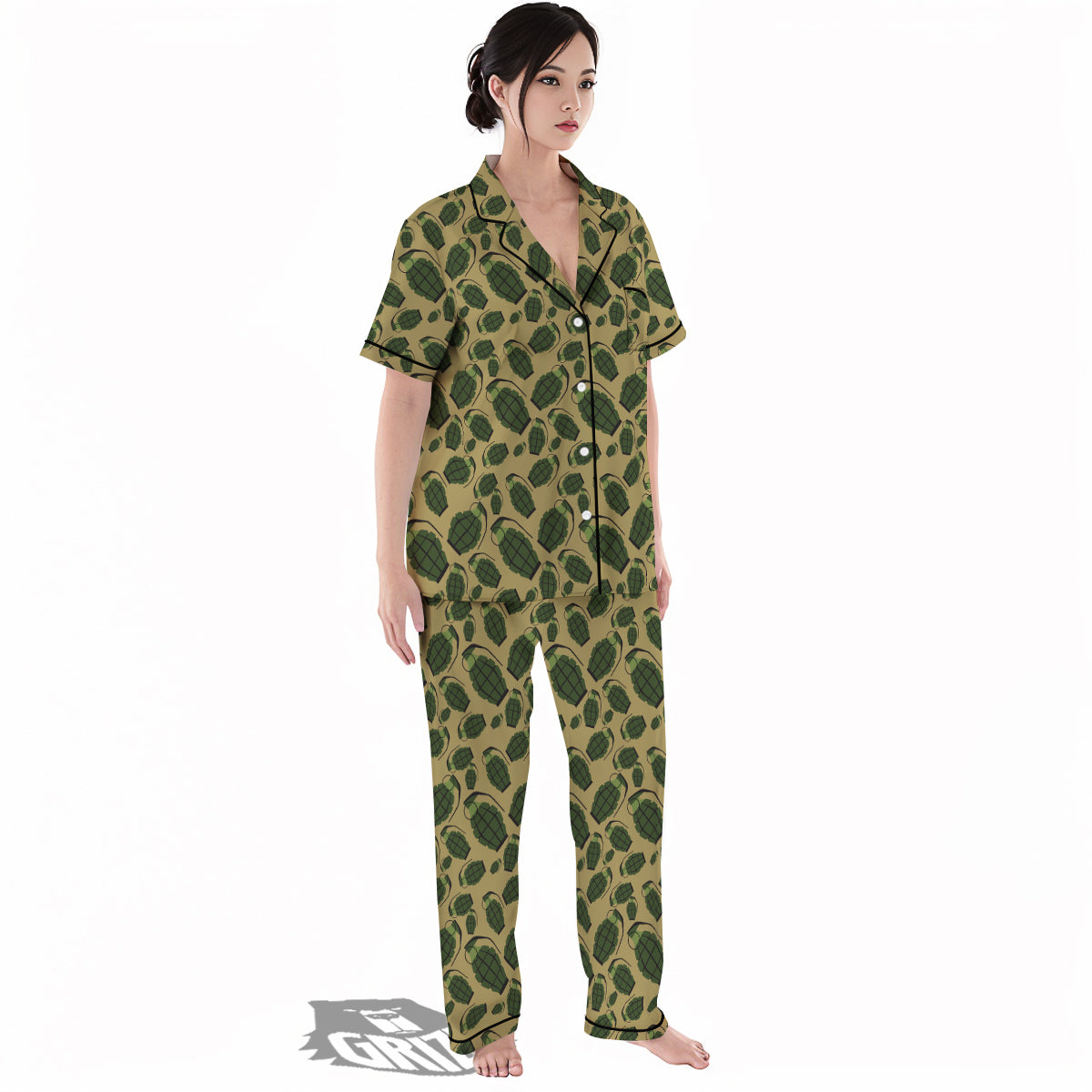 Brown Grenade Print Pattern Women's Pajamas Set-grizzshop