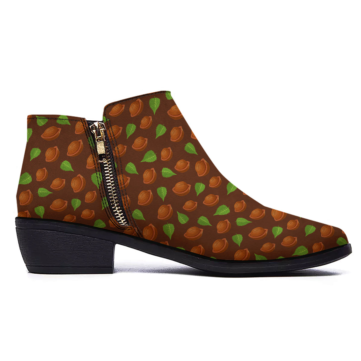 Brown Hazelnuts And Green Leaf Print Pattern Ankle Boots-grizzshop