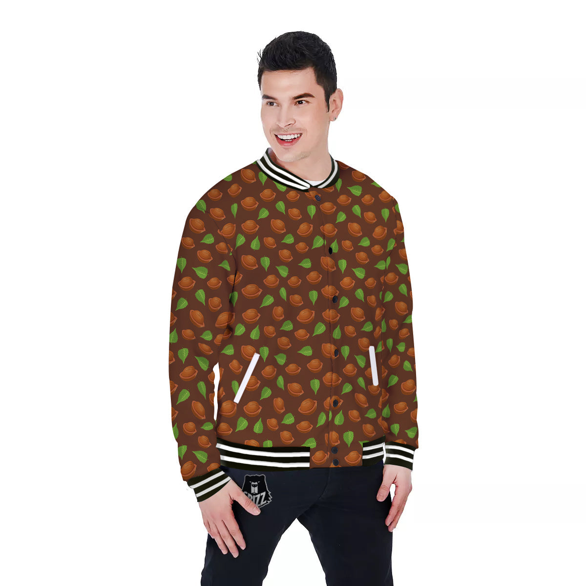 Brown Hazelnuts And Green Leaf Print Pattern Baseball Jacket-grizzshop