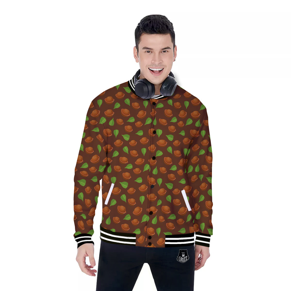 Brown Hazelnuts And Green Leaf Print Pattern Baseball Jacket-grizzshop