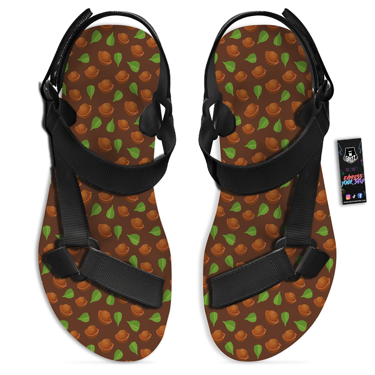 Brown Hazelnuts And Green Leaf Print Pattern Black Open Toe Sandals-grizzshop