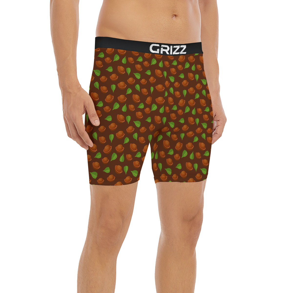 Brown Hazelnuts And Green Leaf Print Pattern Boxer Briefs-grizzshop